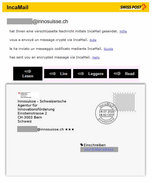 Example of pick-up invitation from IncaMail for digital legal communication with Innosuisse