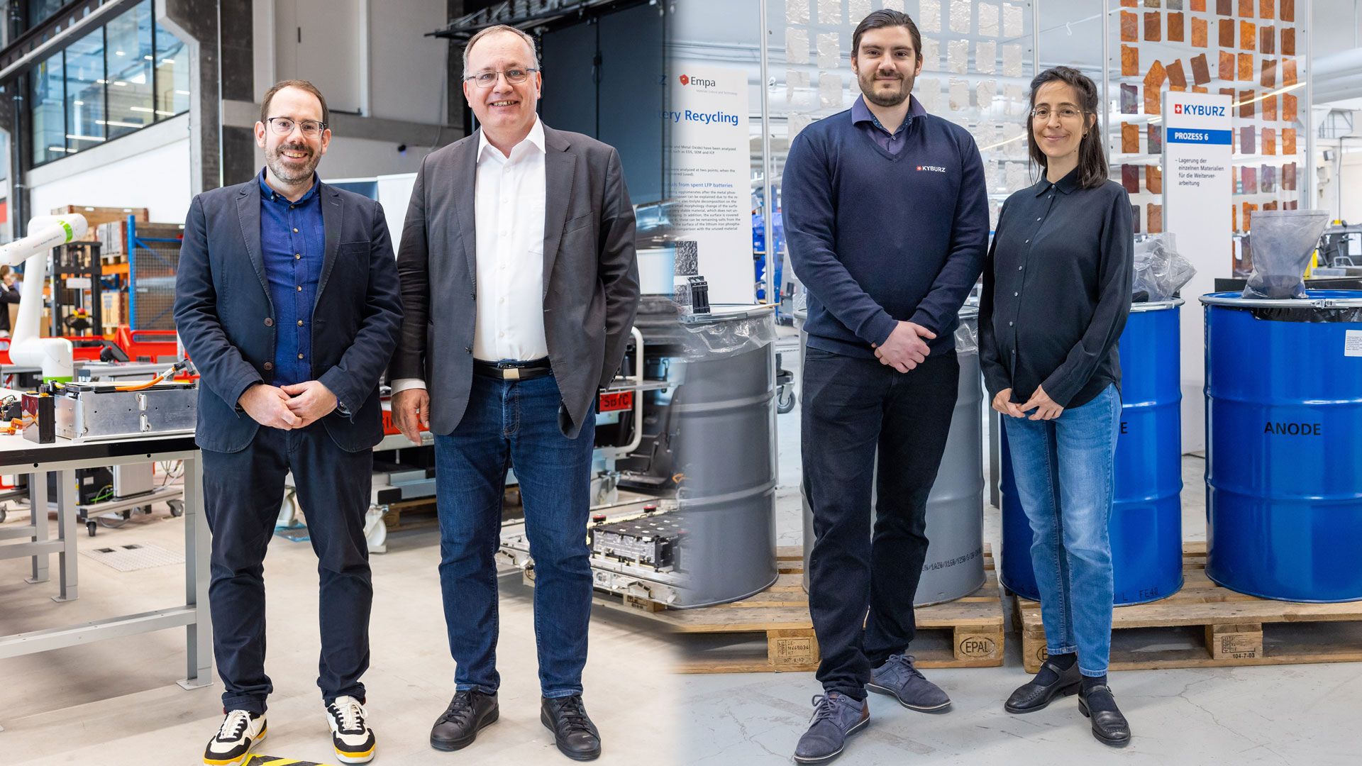 Christian Ochsenbein, head of the Swiss Battery Technology Center, Andrea Vezzini, responsible of the CircuBAT project, Olivier Groux, Head of Battery Recycling at KYBURZ AG and Nora Bartolomé, researcher at EMPA